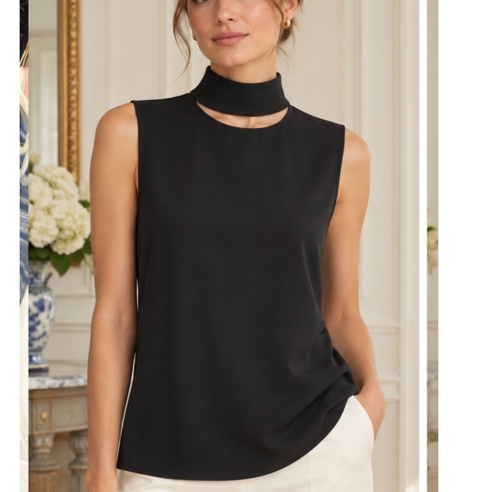 Theory Slit Collar Top Womens S Black Silk Sleeveless Cutout Blouse Excellent